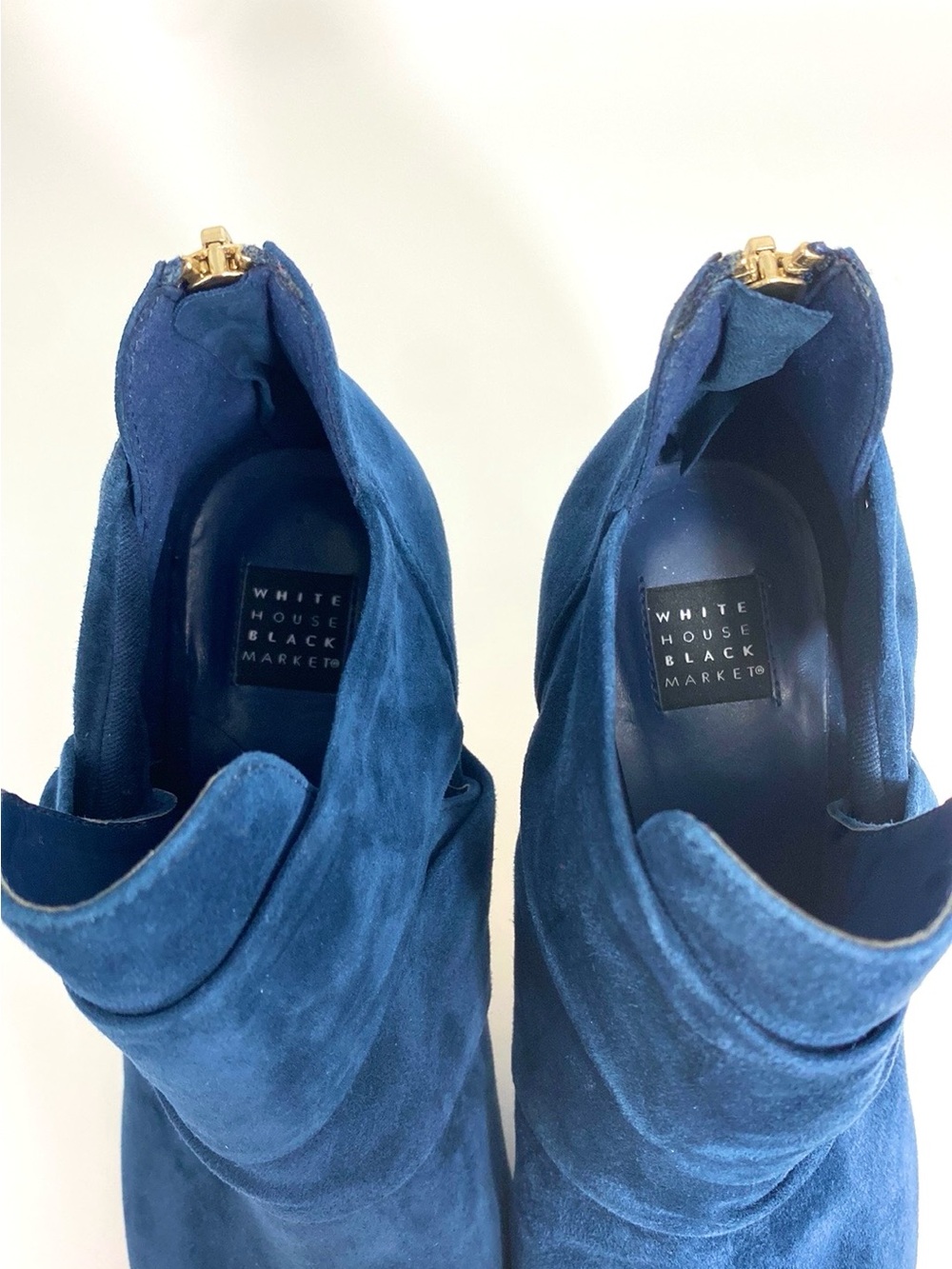 White House Black Market "Chloe" Side Twist Suede Stiletto Booties in Navy Blue - Picture 7 of 9